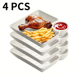 4pcs Plastic Divided Snack Plate Set, 7.3x 6.6 Non-Breakable Microwave Dishwasher Safe Dumpling Dinner Plate Sushi Plate/Chips Dipping Plate with Sauce Area - Great for Appetizers/Fried Chicken/Desserts Kitchen Dining Room Field Dorm