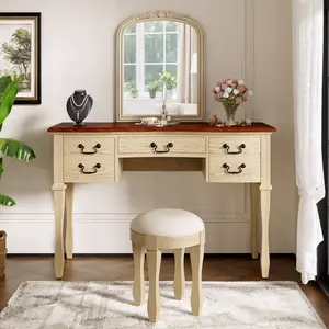 46"  Vintage Makeup Vanity with Curved Flower Frame Mirror, Elegant Dressing Table with 5 Drawers and Leather Stool, Vanity Desk with Solid Wood Legs and Antique Handles for Bedroom