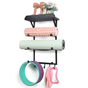 Yoga Mat Holder Wall Mount,17" x 28" Yoga Mat Rack Home Gym Accessories, Storage for Foam Roller, with Wood Floating Shelves and 5 Hooks for Hanging Yoga Strap and Resistance Bands