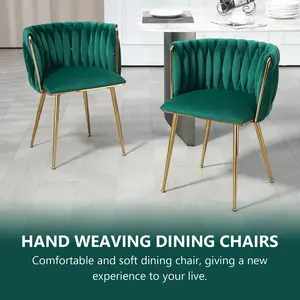 Modern Velvet Dining Chairs Set Of 2 Hand Weaving Accent Chairs Living Room Chairs Upholstered Side Chair With Golden Metal Legs For Dining Room Kitchen Vanity Living Room