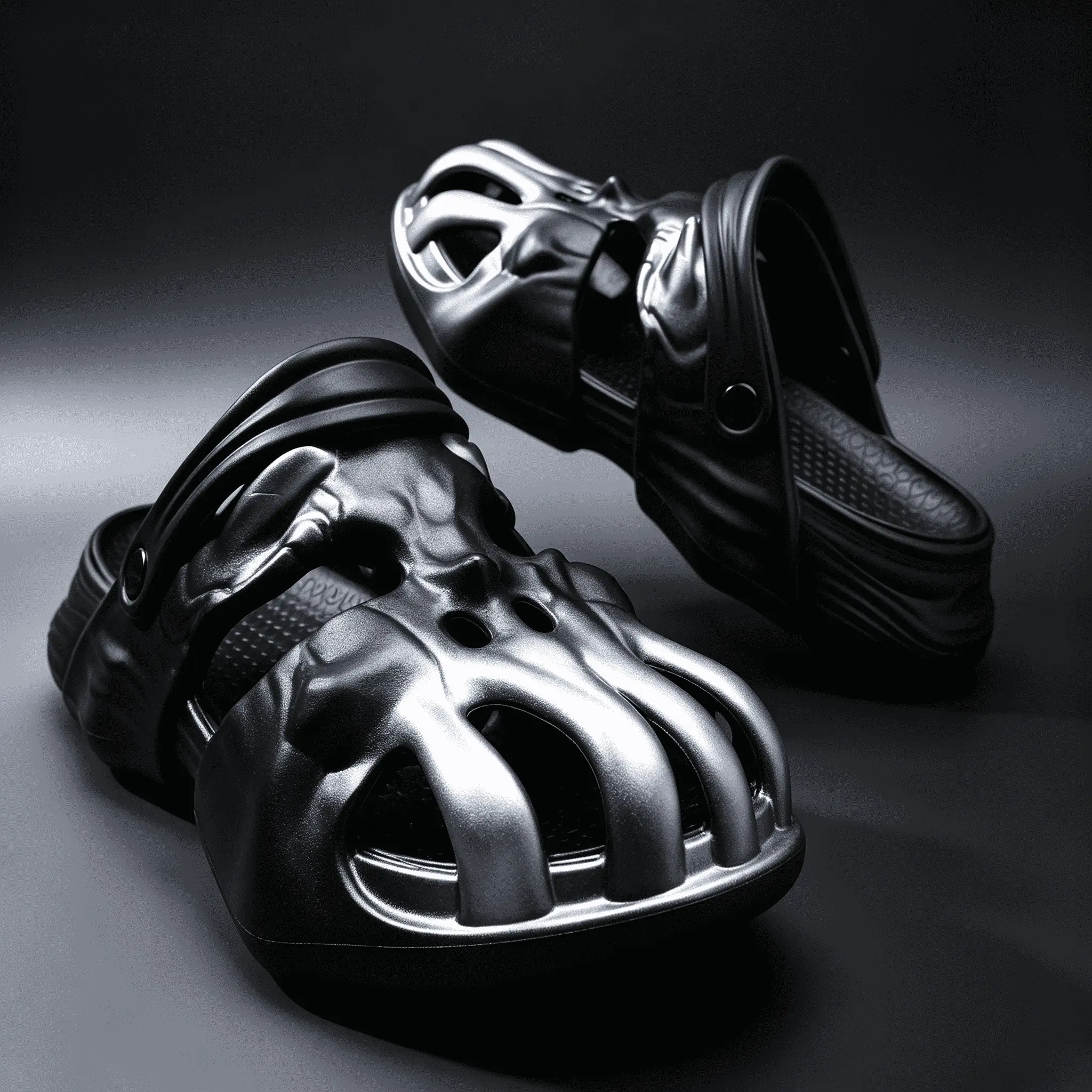 Unisex Gradient Metallic Skull Platform Clogs - Wide Fit, Flip Forward, Rotatable Heel Strap with Heel Lock, Hollow EVA Cushioned Non-Slip Gothic Streetwear Slippers
