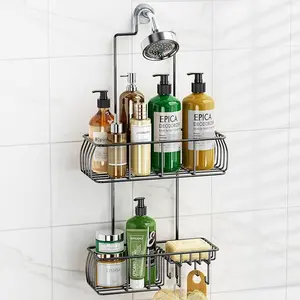 Anti swing hanging shower rack, rust proof overhead shower rack with hooks for towels, sponges, etc., metallic black