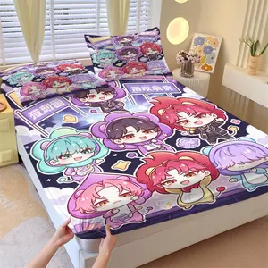 3-Piece K-pop Chibi Idol Fitted Sheet Set, Premium Microfiber Skin-Friendly & Stain Resistant, Deep Pocket Non-Slip Mattress Cover, 1 Fitted Sheet + 2 Pillowcases, K-pop Themed Bedding Set for Kids Teens Bedroom