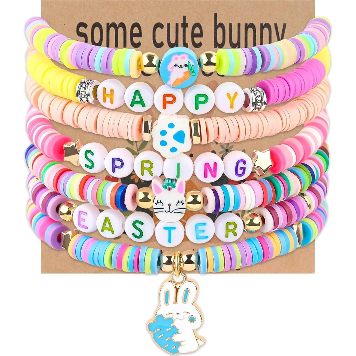 7-Piece Easter Bracelets Set for Women & Girls, Trendy Boho Clay Bead Jewelry with Bunny Motifs, Stackable Stretch Bands for Party Favors & Everyday Wear, Trendy Fashionable Accessories, Stackable Sets