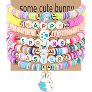 7Pcs Easter Bunny Bracelets Set Easter Gifts for Girls Women Stackable Boho Clay Stretch Bracelets Party Favors Summer Dainty Jewelry Trendy Fashionable Accessories