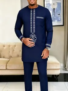 Men's Muslim Modern Modesty Style Kaftan Set, Round Neck Long Sleeve Embroidery Design, Casual African Clothing for Weddings Festivals Business Fasting Gifts