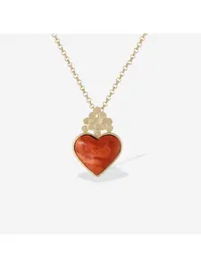 Women's Gold Brass Heart Pendant Necklace With Red Center Stone Boho Style Jewelry