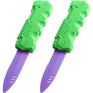 Retractable Plastic Toy Knives 2 Pack Safe and Fun for Kids and Adults Great for Halloween Cosplay Magic Tricks Green Handle Purple Blade