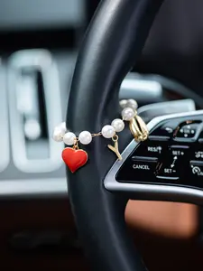 Sweet Style Pearl Heart Letter Car Steering Wheel Decor Chain, Unique Creative Car Interior Hanging Ornament, Personalized Vehicle Accessory