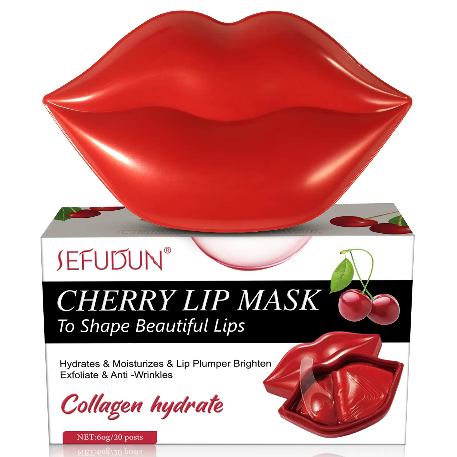 Sefudun Cherry Collagen Lip Mask, 20 Hydrating Gel Patches - Lip Care Treatment to Smooth Fine Lines and Soothe Dry, Chapped Skin, Gift, Sheet, Moisture, Evening