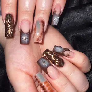 Press On Nails Long Square Brown Chrome French Tip with 3D Water Wave Design For Daily and Special Occasions Full Cover Acrylic Nails Pre Applied Glue 24Pcs