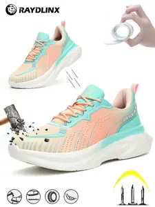 Women's Colorblock Lace Up Low Top Safety Shoes, Work Safety Sneakers, Casual Comfortable Breathable Anti-smash and Anti-puncture Shoes for Work, Fashionable Shoes for Daily Wear