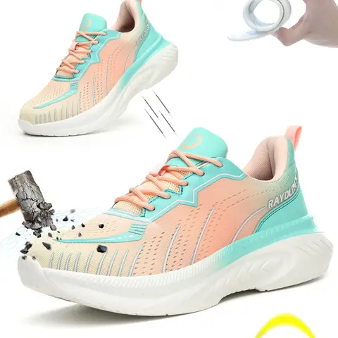 Women's Colorblock Lace Up Low Top Safety Shoes, Work Safety Sneakers, Casual Comfortable Breathable Anti-smash and Anti-puncture Shoes for Work, Fashionable Shoes for Daily Wear, Safety Footwear