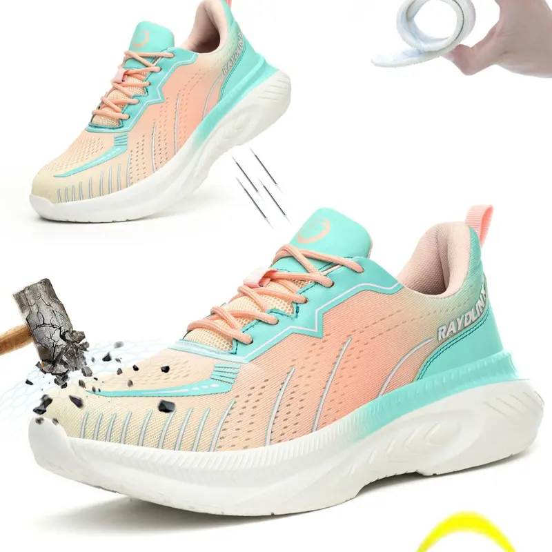 Women's Colorblock Lace Up Low Top Safety Shoes, Work Safety Sneakers, Casual Comfortable Breathable Anti-smash and Anti-puncture Shoes for Work, Fashionable Shoes for Daily Wear, Safety Footwear