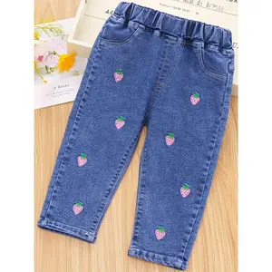 Girls' Denim Pants Spring/Autumn Embroidered Casual Stretch Trousers for Kids