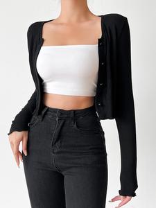 women's plain lettuce trim button front crop cardigan, casual long sleeve round neck knitwear for fall, cardigan for women, fashion women's fall knit clothing for daily wear