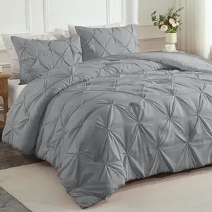 Medium Gray Queen Comforter, 3 Decorative Pintuck Comforter  Sets, Grey Microfiber Lightweight Washable for Queen Size