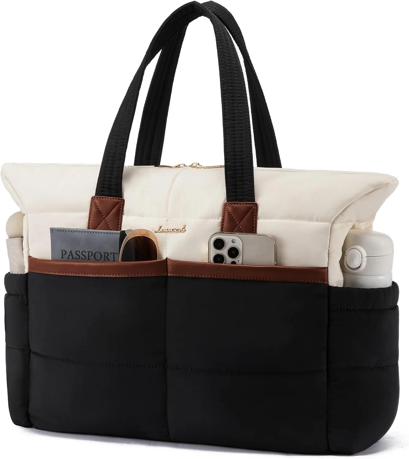 Women's Light Puffer Tote Bag with Multi-Pockets, Stylish Laptop Carry-On Bag for Daily, Travel Use