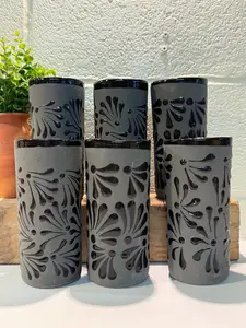 Black Talavera Design ceramic cups 6pcs. Mexican black clay cups.