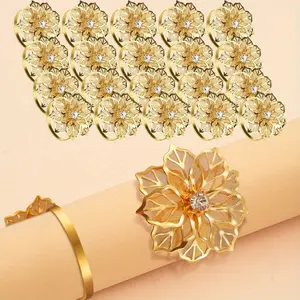 20 Packs Golden Metal Flower Napkin Rings, Elegant Gemstone Accents Holder for Valentine’s Day, Halloween, Christmas, and Holiday Table Decorations