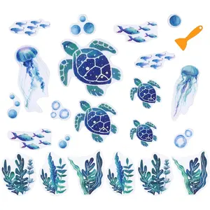 24 Pcs Turtle Non Slip Bathtub Sticker with Scraper Gradient Blue Anti Slip Shower Tread Adhesive Ocean Animal Shower Decal for Bathroom Floor Decoration