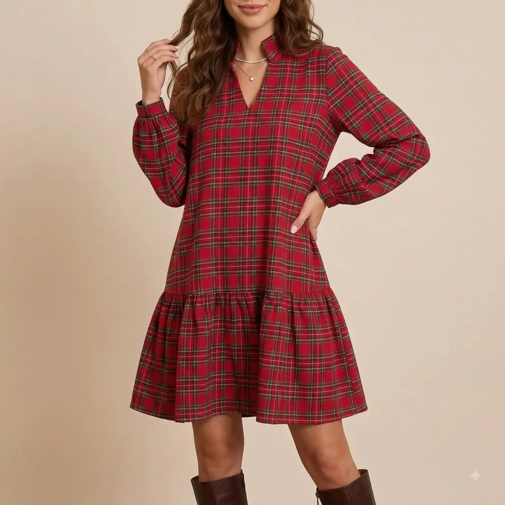 PHEFEE Women's 100%Cotton Red Plaid Long Sleeve Notch V-Neck Drop Waist Ruffle Hem Tartan Dress, Woven Fabric, Comfortable Elegant Casual Wear for Christmas Holiday Party, Feminine, Fit