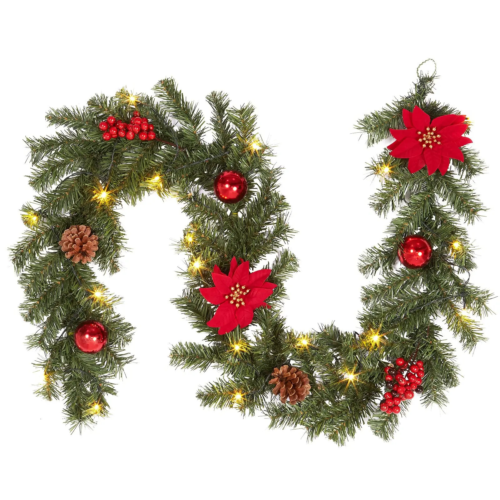 GARVEE 6-foot Christmas Garland with Lights, Pre-lit Christmas Garland with 20 LED Lights, Pinecones, Red Berries, Easter, Indoor and Outdoor Garland for Fireplace, Staircase Decoration