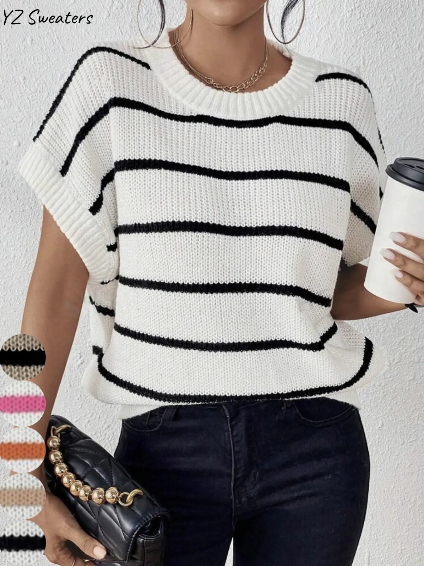 Women's Striped Print Batwing Sleeve Knit Top, Chic Casual Short Sleeve Round Neck Knitwear for Fall & Winter, Fashion Ladies' Knit Clothing for Daily