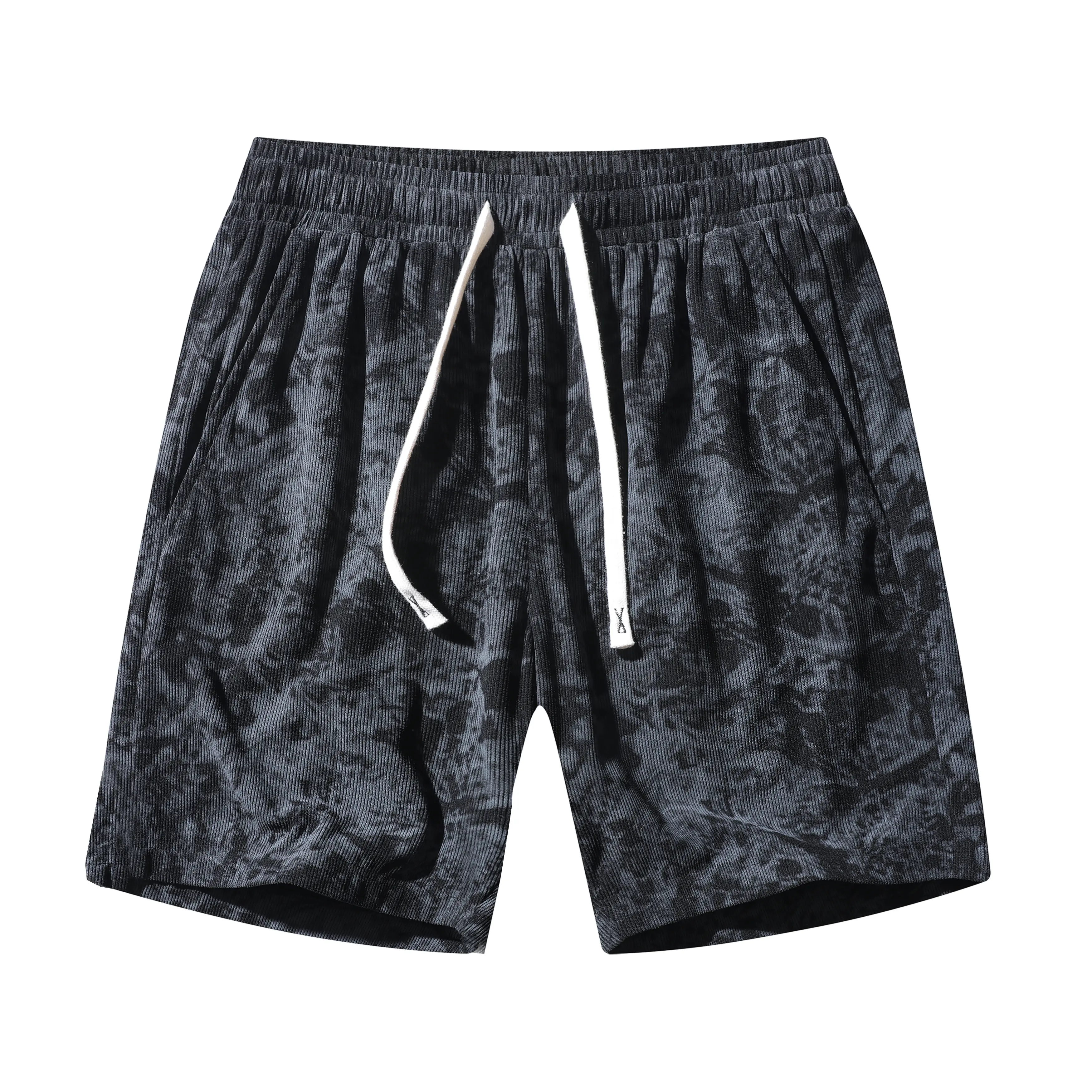2026 New Men’s Corduroy Tie-Dye Shorts – Summer Retro Casual Knee-Length Drawstring Beach Sweatpants Black Stylish Menswear Vibe