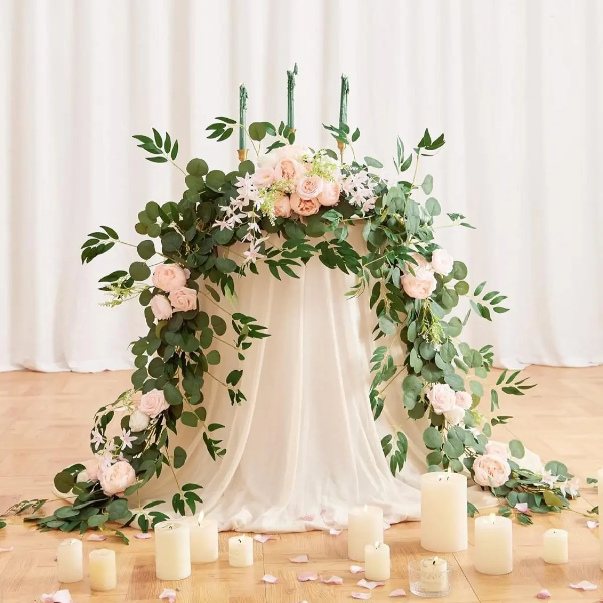 5.9ft Lightweight Plastic Artificial Eucalyptus Rose Flower Garland - Decorative Hanging Decor, Half Arch for Wedding Sweetheart Table Centerpiece, Fits Pillar Candles