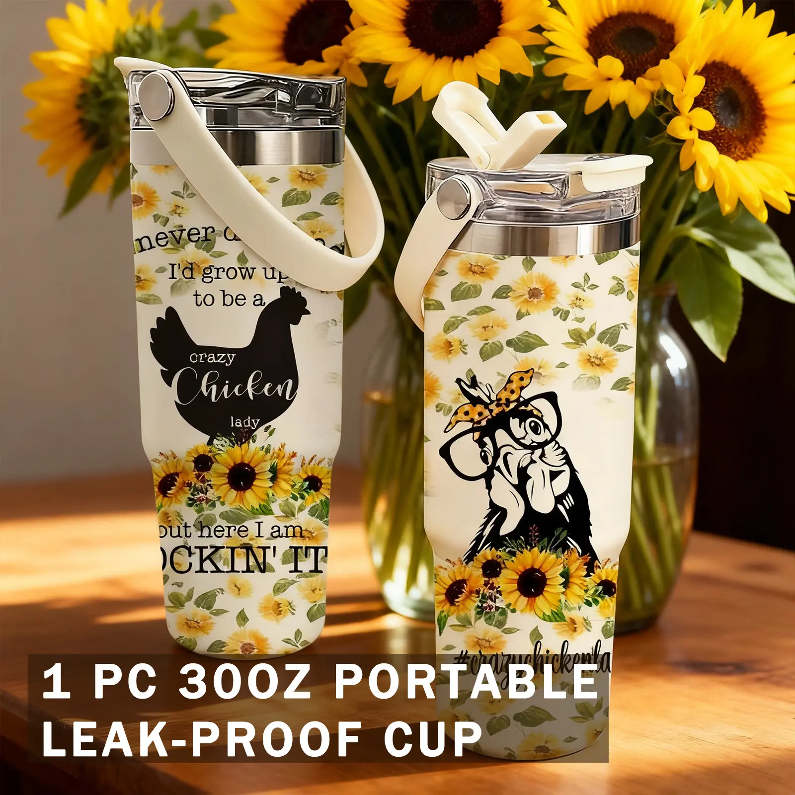 30oz  Chicken Lady Sunflower Insulated Stainless Steel Tumbler with Handle, Hot 12H Cold 24H, Vacuum Cup, Funny Farmhouse Gift for Women, Moms, Friends. Travel Coffee Mug for Office, Home, Car.