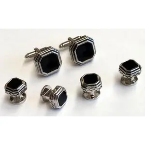 Genuine Onyx Triple Layered Octagon Silver Cufflinks and Studs