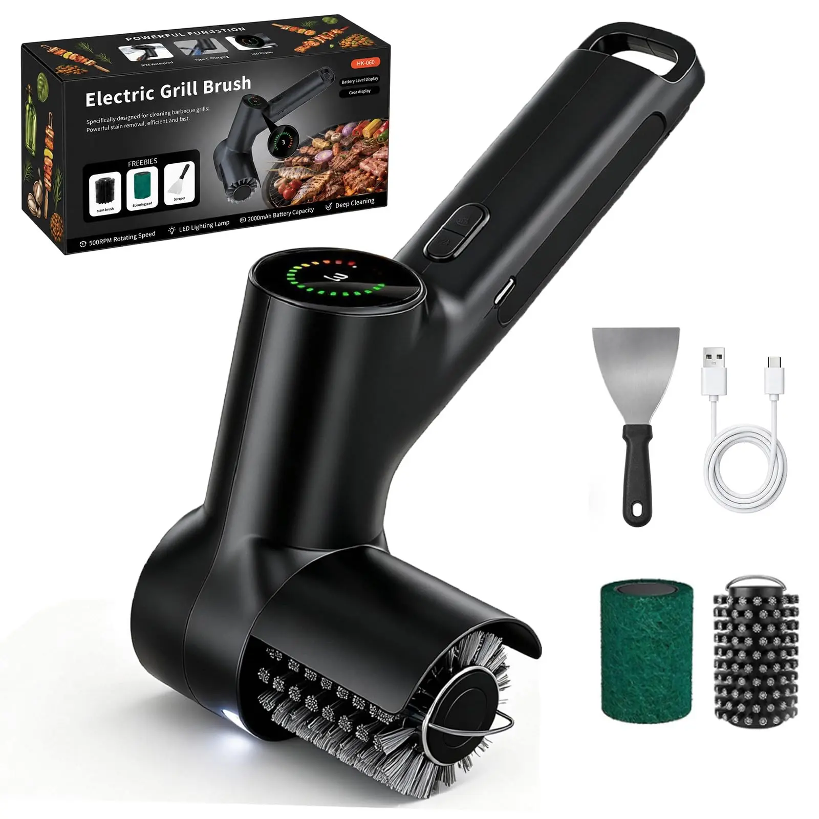Electric Grill Brush, 3 Speed Powerful BBQ Cleaning Brush with LED Light | Battery Power Display, Suitable for Cleaning Gas Stoves / Outdoor Barbecue Grills