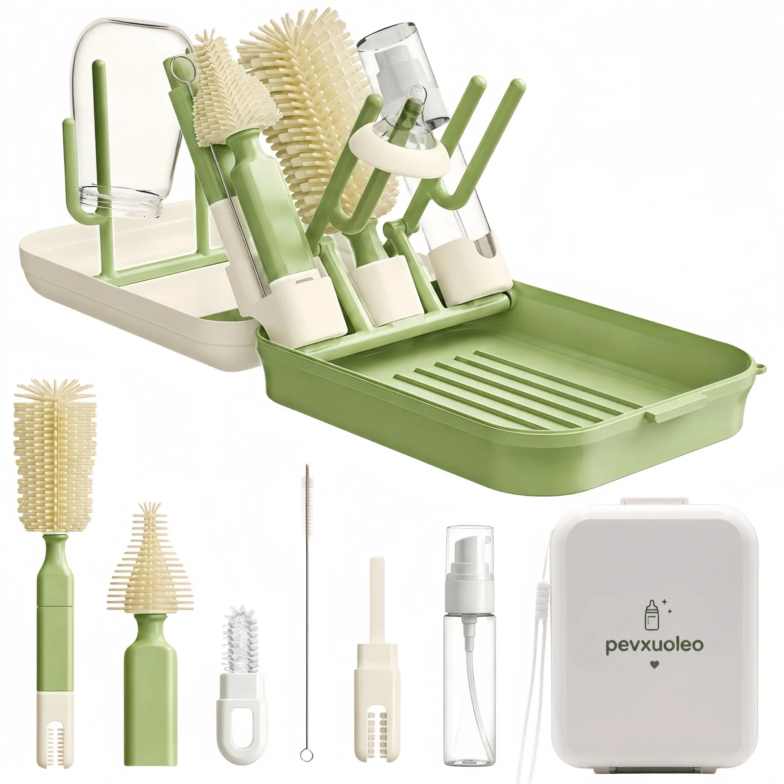 8-in-1 All-in-1 Baby Bottle Cleaning Kit - Compact, Folding, Food-Grade, Travel-Ready Portable Brush Set & Drying Rack