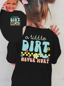 Toddler Girls' Cotton Short-Sleeve Graphic T-Shirt - "A Little Dirt Never Hurt" Print, Retro Groovy Flower Checkered Design, Outdoor Adventure Top for Active Nature Lovers