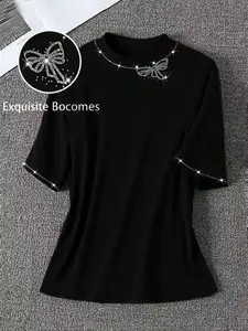 Women's Plus Size Rhinestone Bow Butterfly T-Shirt Summer, Round Neck Short Sleeve Slim Fit Top, Casual Inner Layer for Daily Wear, Womenswear