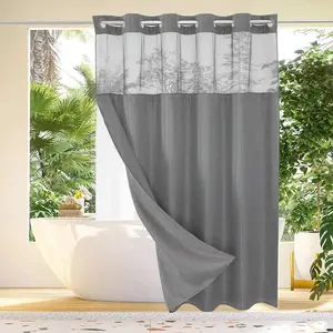Gray Hookless Shower Curtain with Mesh Top Window, No Hook Waffle Fabric Shower Curtain for Bathroom, Easy Install, Waterproof & Washable, Modern Hotel Style Bathroom Decor, 72x75 Inch