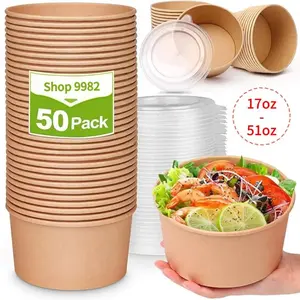 [50 Pack] Kraft Paper Bowls with Lid,Disposable Soup Salad Serving Bowls,  Microwave Freezer Safe