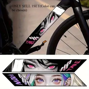 1SET Fits frames of commute road bikes/e-scooters, during morning rush traffic, this manga-style sticker eases commute dullness, letting ordinary vehicles show “dark cute-cool anime riding attitude”
