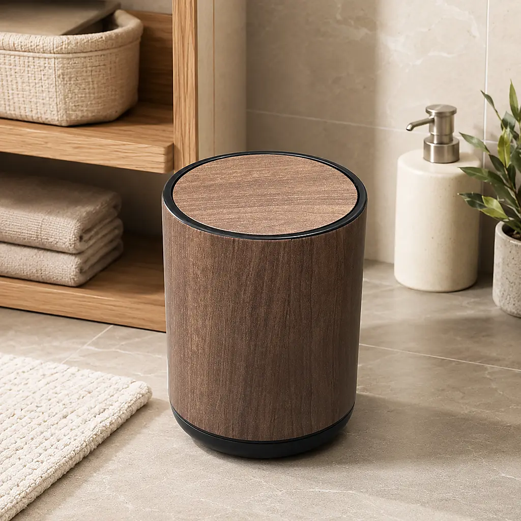 Vintage Wood Finish Round Lidded Trash Can - 10-12L Japandi-Nordic Farmhouse Style, Waterproof Sealed Odor Blocker, Detachable Inner Bucket, Single Unit Trash Storage for Kitchen Home Supplies Gift