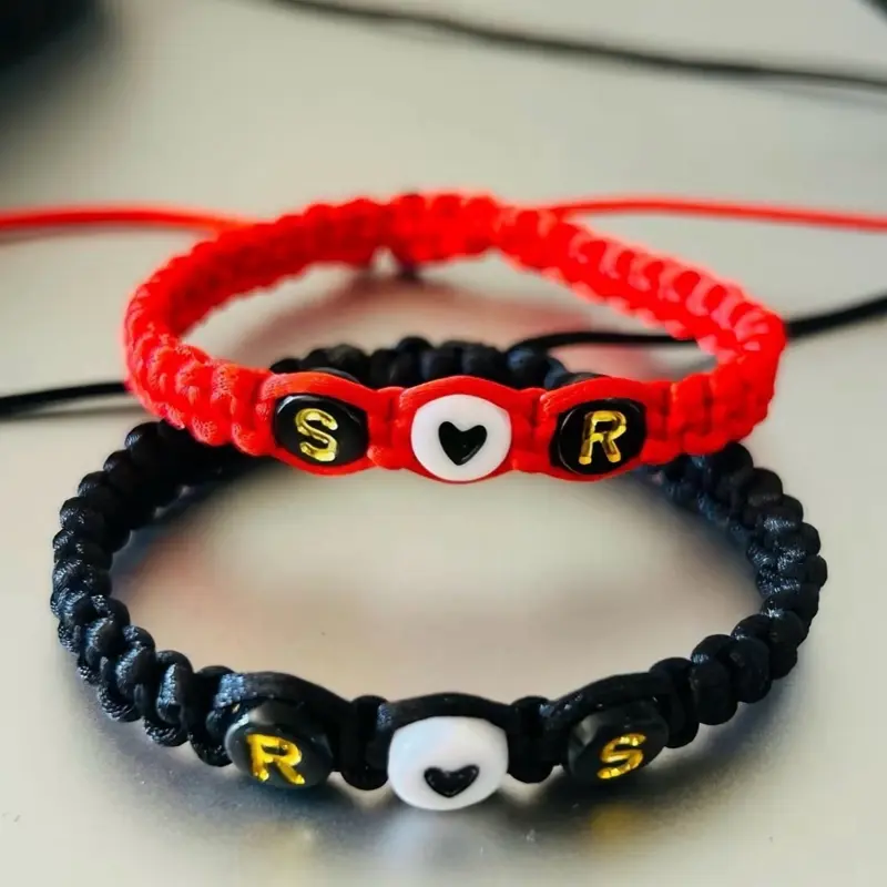 Couples Braided Bracelet Set of 2, Personalized Red and Black Matching Jewelry with Custom Initial & Heart Charm, Adjustable Unisex Romance Gift, Fabric, Set Of Two