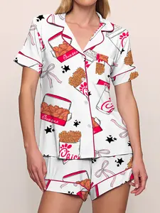 Women's Short Sleeve Sleepwear Set, Pajama Set, Loungewear, Pyjamas, Soft Comfortable Casual Home Wear, Flap Elastic Waist Design, Chicken Fries Cola Print, All Seasons, Pjs
