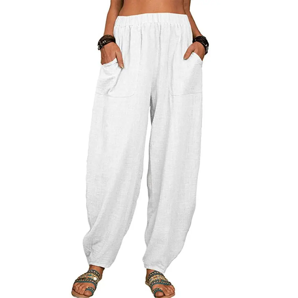 Ladies Comfort Loose Cotton and Linen Casual Pants Home Harlan Trousers