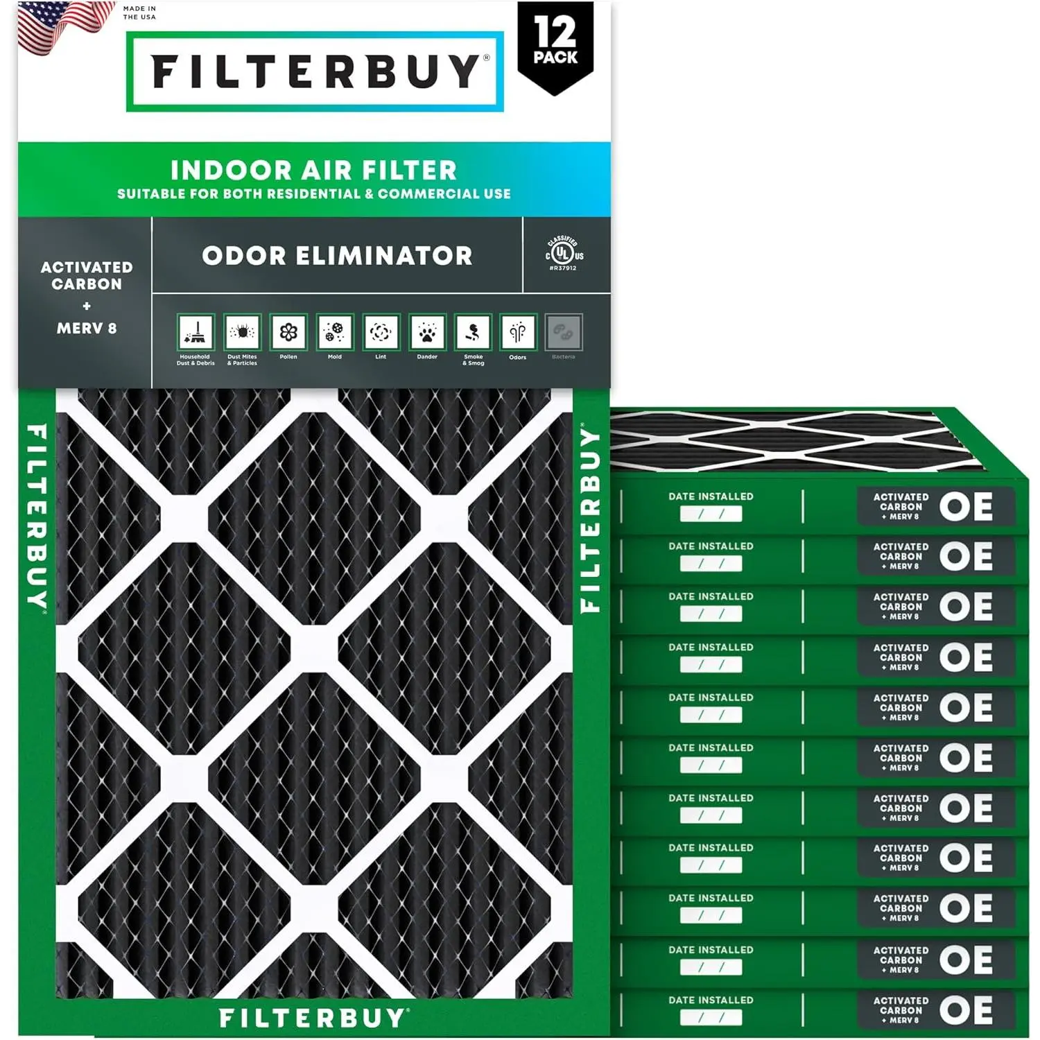 Filterbuy 12x20x1 Eco-Friendly Pleated Air Filter (12-Pack) - MERV 8 Rating, Electrostatic Charge, Odor Removal for HVAC AC Furnace (Actual Size: 11.50x19.50x0.75 in)
