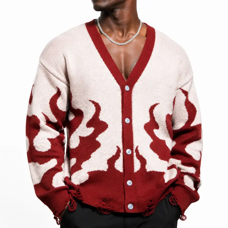 Men's Vintage Retro 2000s Aesthetic Red Flame Graphic V-Neck Button-Up Cardigan Sweater - Distressed Grunge, Oversized, Ripped Frayed Hem, Unisex XS-XL, Fall Winter Casual Long Sleeve Knitwear Shirt, Male Clothing for Party