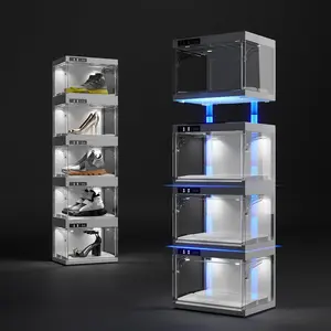 ANTBOX LED Sneaker Display Box Set with Smart Remote Control, 4 Pack Stackable Modular Shoe Display Cases, Auto Push Doors, Clear Dustproof Sneaker Storage with LED Lighting for Sneakers, Collectibles & Home Display