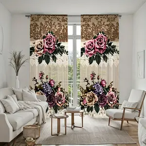 Set of 2 Vintage Floral Print Sheer Curtains, Translucent Rose Pattern Curtains, Window Screens with Lace Edge Bar Pockets, Country Style Window Treatment, Suitable for Living Room Bedroom Dining Room Decor Durable Filter Curtain Panel Set.