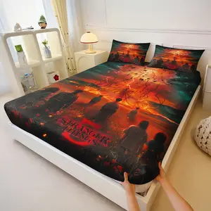 Stranger Things Theme Printed Fitted Sheet Set, Includes 1 Fitted Sheet and 2 Pillowcases, Breathable Comfort Durable Skin-Friendly, Dark Fantasy Style Soft Comfortable Gift & Bedroom Decor For Fans