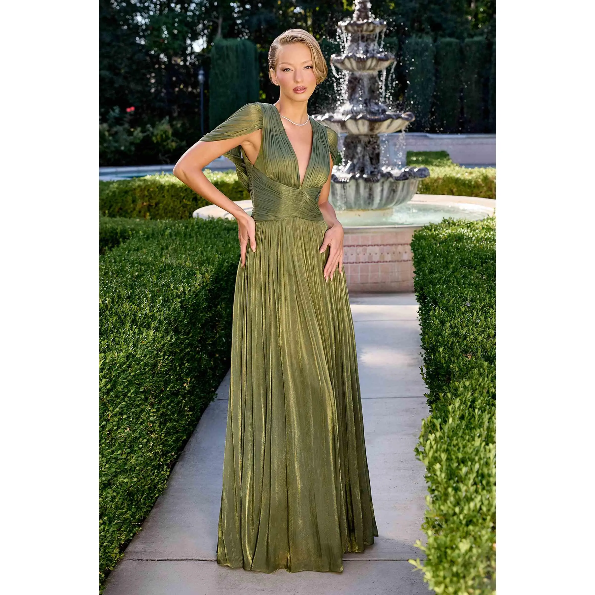 Ladivine CD413 Women's Ethereal Shimmering Pleated Ruched Chiffon A-Line Formal Gown - Cap-Sleeve, Soft Fabric, Flattering Fit, Lace-Up, Draped, Embellished, Full-Length, Glamour Evening Wear, Draped Evening Dresses, Embellished Evening Dresses