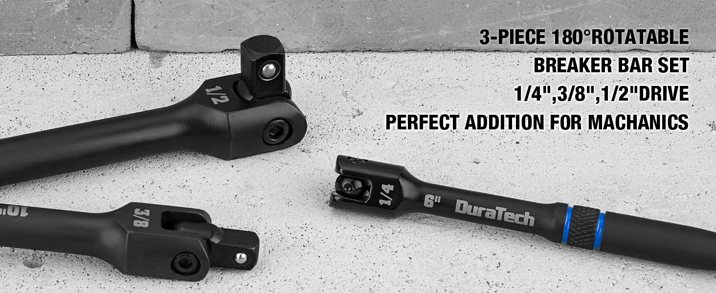#backtoschool DURATECH 3PCS Breaker Bar Set, 1/4", 3/8", 1/2" Drive, 180°Rotatable Head, 6", 10”, 15" Length, Premium Chrome Alloy Made, Black